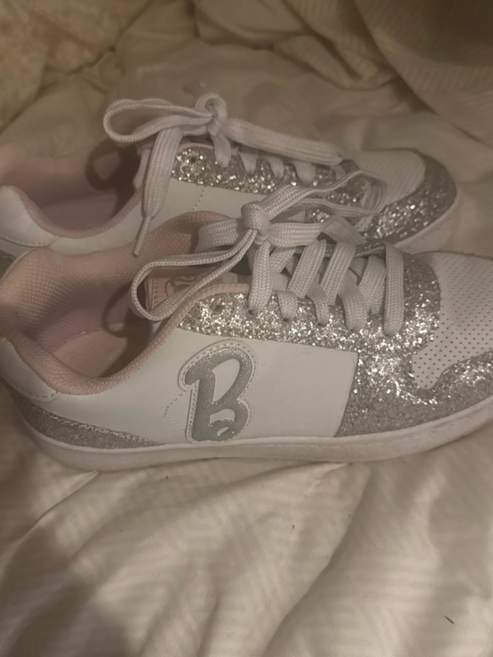Barbie White & Silver Glitter Kids Sneakers